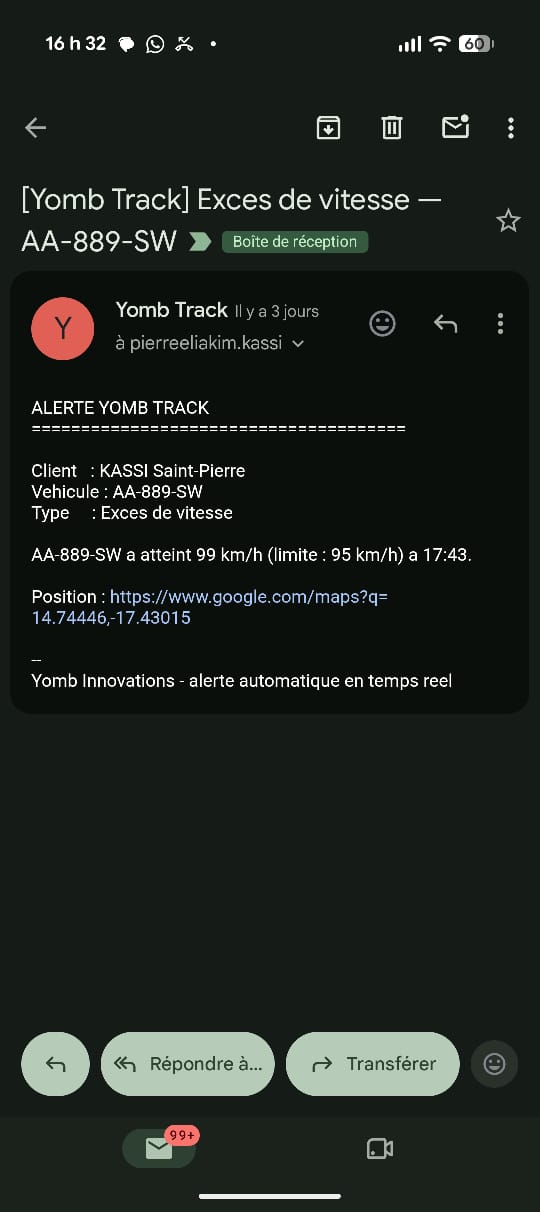 Alerte d'excès de vitesse par e-mail