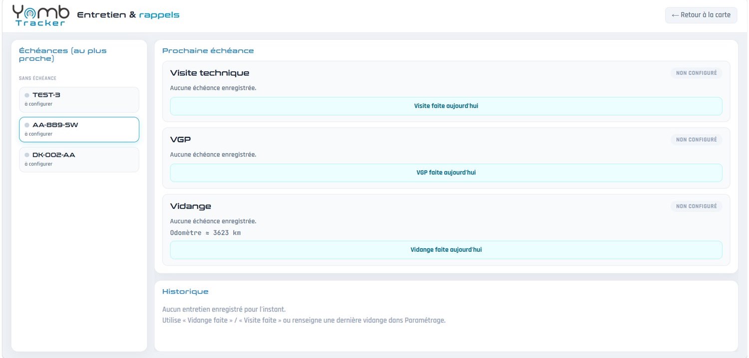 Page entretien et rappels de Yomb Tracker